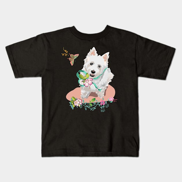 Western highland terrier dog with flowers butterflies Kids T-Shirt by LizzyizzyDesign